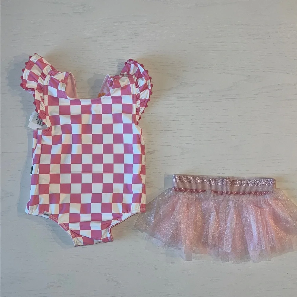 Mud Pie Toddler Girl Reversible Checkerboard Floral Tutu Swimsuit 2T 3T 4T 5T